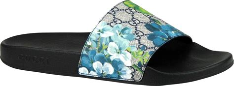 gucci blooms blue slides|Gucci slides with blue flowers.